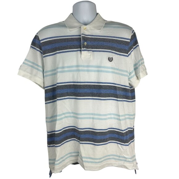 Chaps Mens Natural Stretch Stripe Polo Shirt Size Medium White/Blue Cotton - Picture 1 of 6